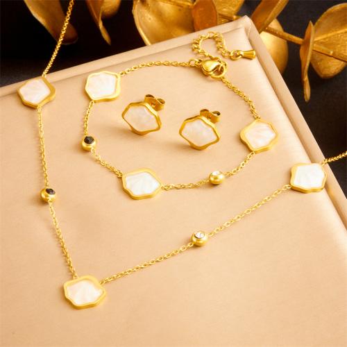 Fashion Stainless Steel Jewelry Sets, 304 Stainless Steel, with White Shell, fashion jewelry & for woman, golden 