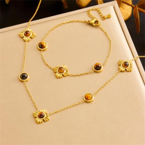 Fashion Stainless Steel Jewelry Sets, 304 Stainless Steel, with Tiger Eye, fashion jewelry & for woman, golden 