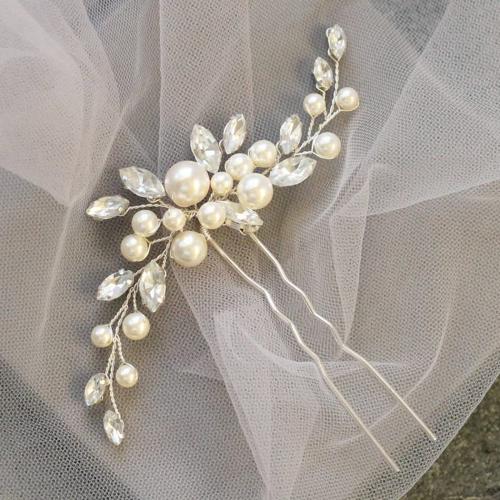 Hair Stick, Plastic Pearl, with brass wire & Rhinestone, fashion jewelry & for woman, silver color 