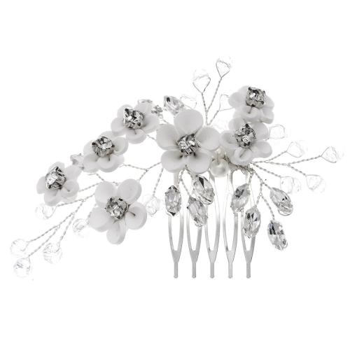 Decorative Hair Combs, Polymer Clay, with acrylic rhinestone & Rhinestone & Zinc Alloy, Flower, silver color plated, for bridal 