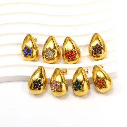 Titanium Steel Stud Earring, Teardrop, gold color plated, fashion jewelry & with rhinestone 