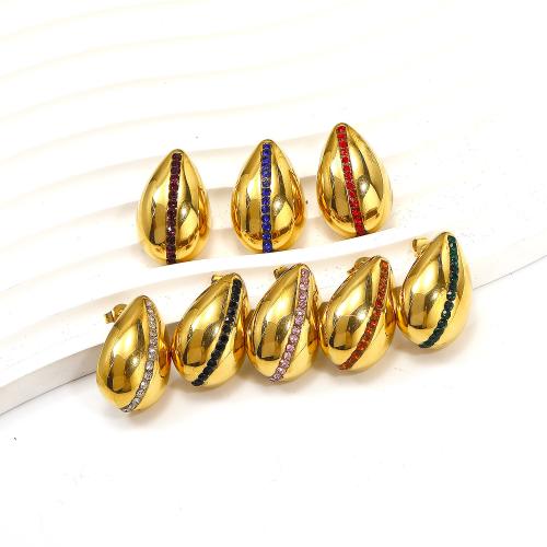 Titanium Steel Stud Earring, Teardrop, gold color plated, fashion jewelry & with rhinestone 