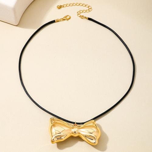 Zinc Alloy Necklace, with leather cord, Bowknot, plated, for woman, gold 