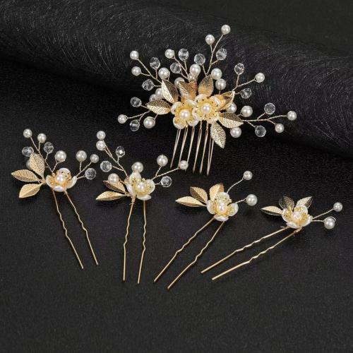 Zinc Alloy Hair Jewelry Set, hair comb & hair stick, with Crystal & Plastic Pearl, 5 pieces & fashion jewelry & for woman Hair *8cm, medium *5.5cm, small .5*4cm 