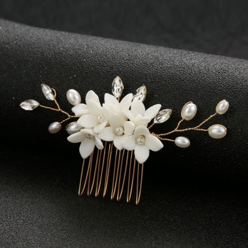 Decorative Hair Combs, Plastic Pearl, with brass wire & Porcelain, fashion jewelry & for woman & with rhinestone 