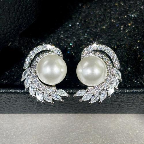 Cubic Zirconia Micro Pave Brass Earring, with Plastic Pearl, fashion jewelry & micro pave cubic zirconia & for woman 