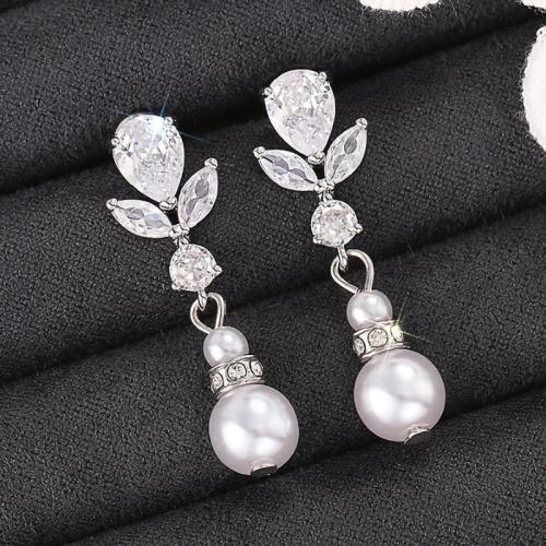 Cubic Zirconia Micro Pave Brass Earring, with Plastic Pearl, fashion jewelry & micro pave cubic zirconia & for woman 