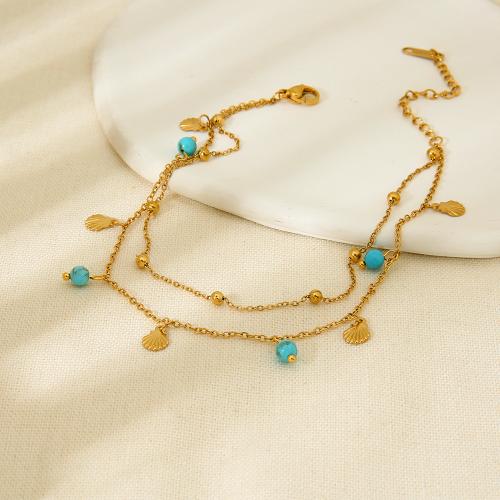 Stainless Steel Anklets Jewelry, 304 Stainless Steel, with Synthetic Turquoise, with 5cm extender chain, 18K gold plated, Double Layer & fashion jewelry & for woman, golden Approx 22.5 cm, Approx 23.5 cm 