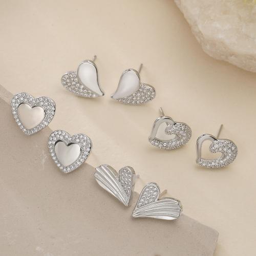 Cubic Zirconia Micro Pave Brass Earring, Heart, silver color plated & micro pave cubic zirconia & for woman 