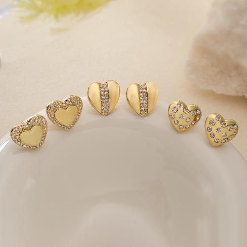 Cubic Zirconia Micro Pave Brass Earring, Heart, gold color plated & micro pave cubic zirconia & for woman 