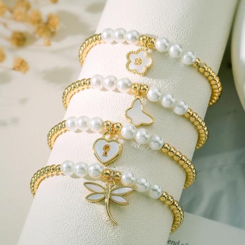 Cubic Zirconia Micro Pave Brass Bracelet, with White Shell & Plastic Pearl, gold color plated & micro pave cubic zirconia & for woman 