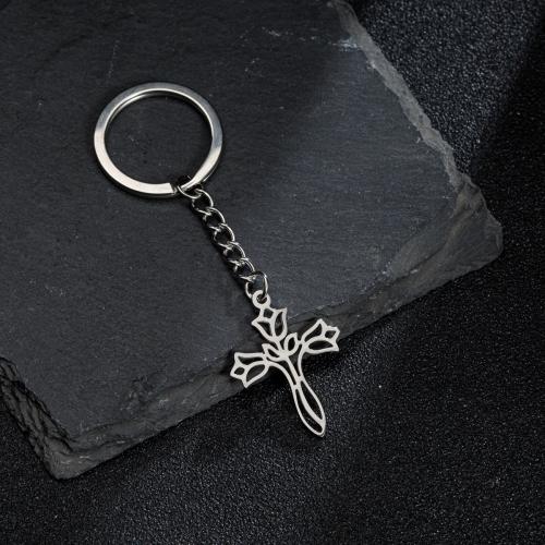 Stainless Steel Key Chain, 304 Stainless Steel, Cross, antique silver color plated, fashion jewelry 