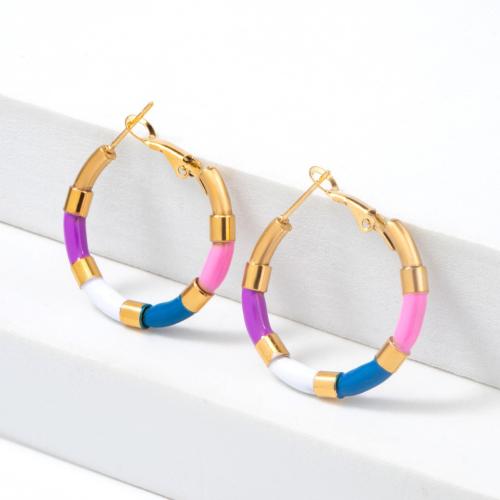 Titanium Steel Earrings, plated, for woman & enamel, multi-colored 