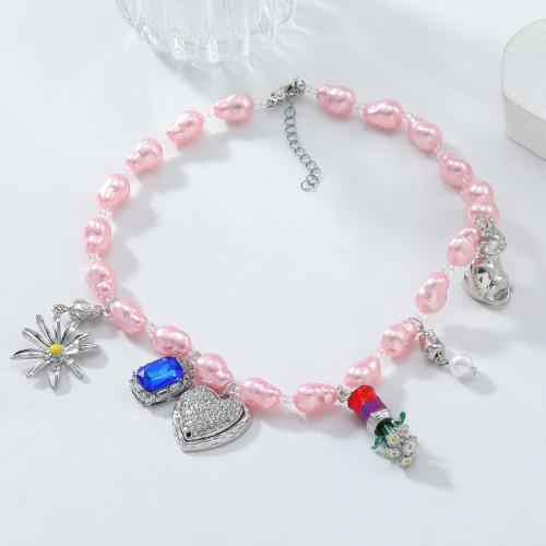 Resin Zinc Alloy Necklace, with Resin, for woman & with rhinestone, pink 