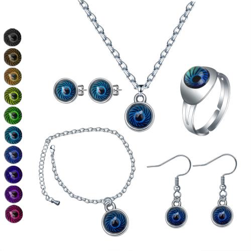 ensembles de bijoux de mode en alliage zinc, alliage de zinc, Boucle d’oreille stud & bague, anneau & Bracelet & collier, avec Acrylique, Rond, Placage de couleur argentée, styles différents pour le choix & pour femme & émail selon l'humeur, plus de couleurs à choisir, Vendu par PC[