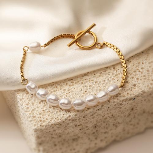 Stainless Steel Chain Bracelets, 304 Stainless Steel, with Plastic Pearl, gold color plated, for woman 