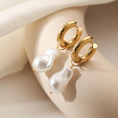 Stainless Steel Drop Earring, 304 Stainless Steel, with Plastic Pearl, gold color plated, for woman, white 