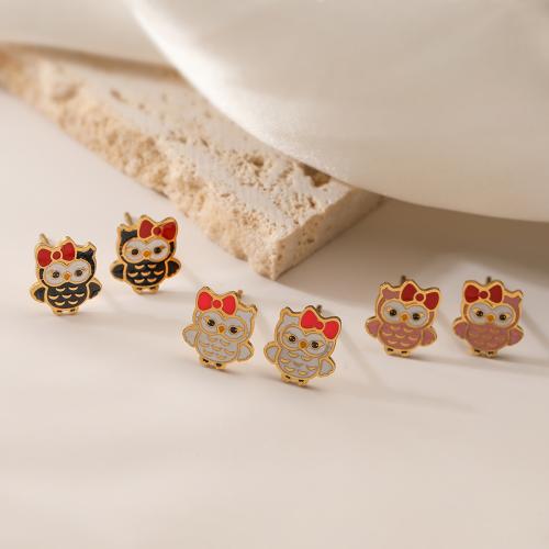 Stainless Steel Stud Earring, 304 Stainless Steel, Owl, gold color plated, for woman & enamel 