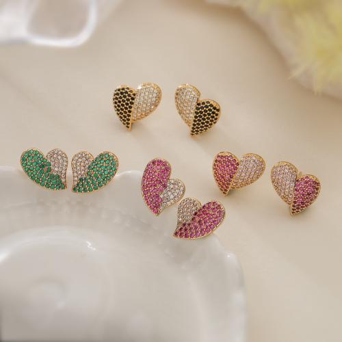 Cubic Zirconia Micro Pave Brass Earring, Heart, gold color plated, micro pave cubic zirconia & for woman 