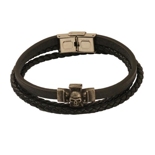 Bracelets de cuir de vachette, Cuir de vachette pleine fleur, avec Acier inoxydable 304, trois couches & bijoux de mode & pour homme, noire .5 cm, Vendu par PC[