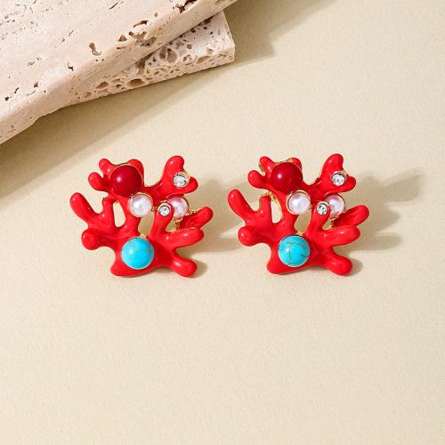 Enamel Zinc Alloy Stud Earring, with Synthetic Turquoise & Plastic Pearl, plated, micro pave cubic zirconia & for woman, red 