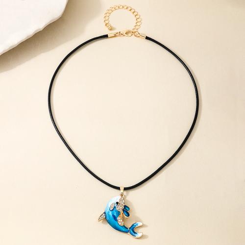 Zinc Alloy Cubic Zirconia Necklace, with leather cord, Dolphin, plated, micro pave cubic zirconia & for woman & enamel, blue 