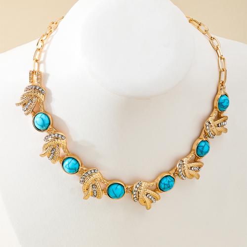 Collier en alliage de zinc, avec turquoise synthétique, Placage, pour femme, Or, Vendu par PC