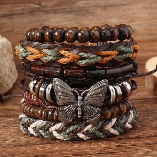 PU Leather Cord Bracelets, with Wood & Zinc Alloy, 7 pieces & vintage & for man, mixed colors 