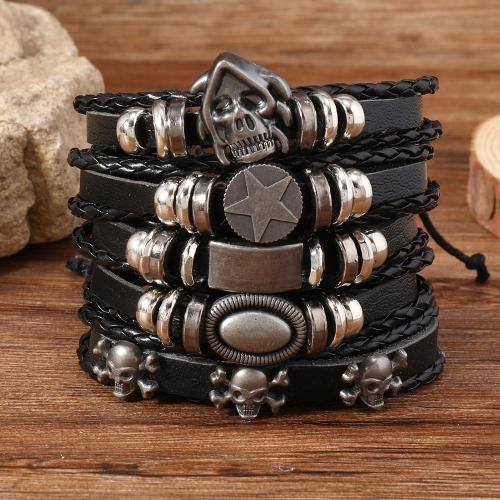 PU Leather Cord Bracelets, with Zinc Alloy, 5 pieces & punk style & for man, black 