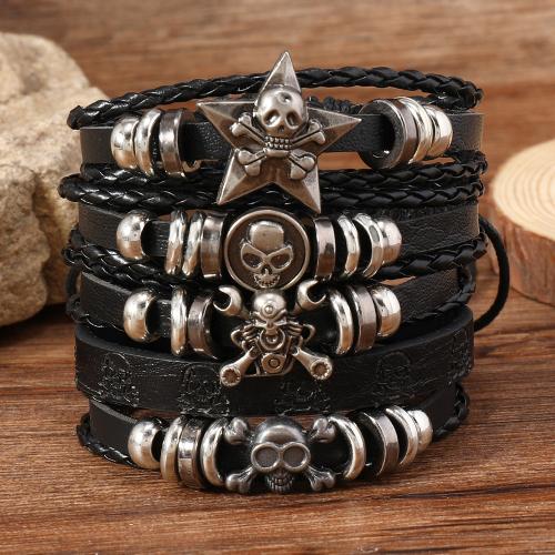 bracelet de cordon en PU , cuir PU, avec alliage de zinc, 5 pièces & le style de punk & pour homme, noire, Vendu par fixé