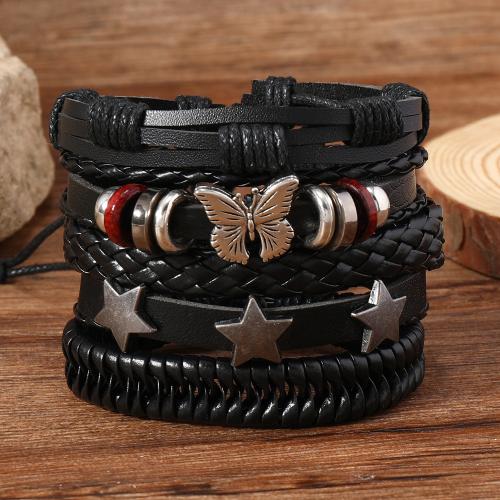 bracelet de cordon en PU , cuir PU, avec alliage de zinc, 5 pièces & pour homme, noire, Vendu par fixé