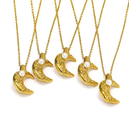 Titan Schmuck Halskette, Titanstahl, mit Verlängerungskettchen von 5cm, Mond, goldfarben plattiert, Modeschmuck, goldfarben, 23x32mm, Länge:45 cm, verkauft von PC