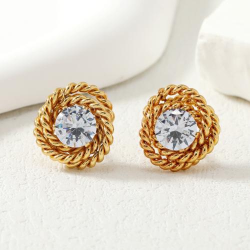 Titanium Steel Earrings, plated, micro pave cubic zirconia & for woman, golden 