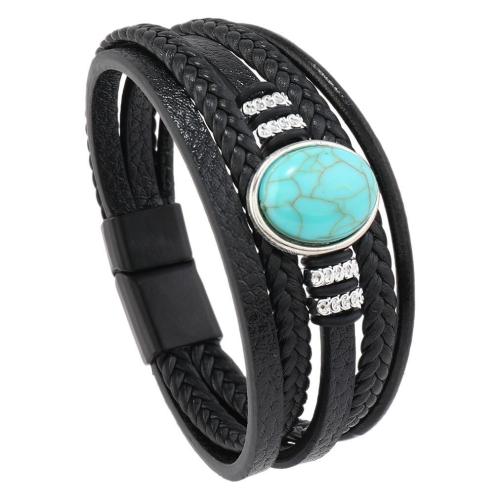 bracelet de cordon en PU , cuir PU, avec turquoise & alliage de zinc, Vintage & multicouche & pour homme, plus de couleurs à choisir Environ 21.5 cm, Vendu par PC