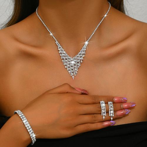 metal Conjunto de joya, con diamantes de imitación, chapado en color de plata, diferentes estilos para la opción & para mujer, Vendido por Set