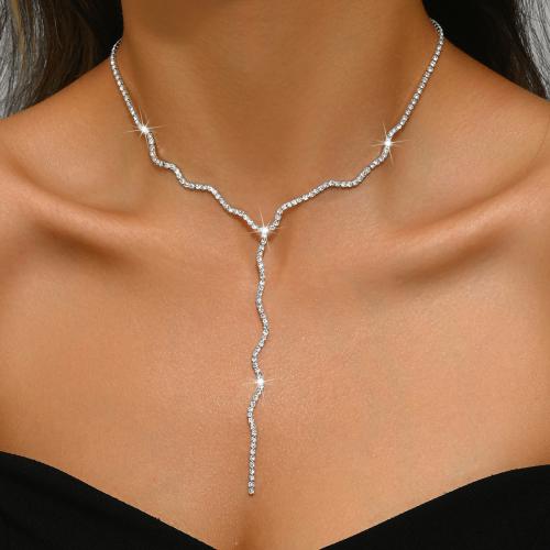 Brass Necklace, with 6.3inch extender chain, plated, for woman & with rhinestone, silver color Approx 11.8 Inch 