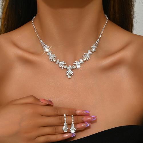 Rhinestone Jewelry Set, earring & necklace, with Crystal & Zinc Alloy, Teardrop, 2 pieces & for woman, silver color 