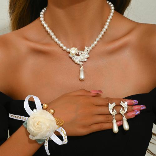 Zinc Alloy Jewelry Set, with Cloth & Plastic Pearl, Flower, plated & for woman & with rhinestone 