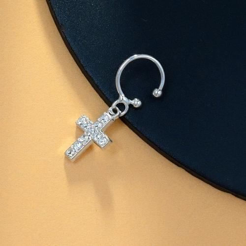 Brass Lip Piercing Stud, Cross, for woman & with rhinestone, silver color 