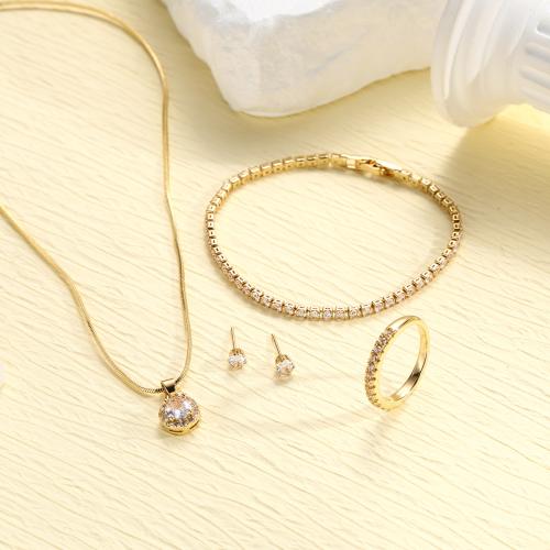 Cubic Zirconia Micro Pave Brass Jewelry Sets, Stud Earring & finger ring & bracelet & necklace, 4 pieces & micro pave cubic zirconia & for woman, golden [