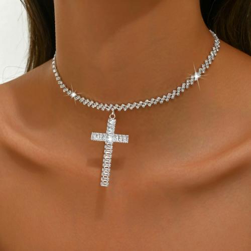 Brass Necklace, with 6.3inch extender chain, Cross, for woman & with rhinestone, silver color Approx 11.4 Inch 