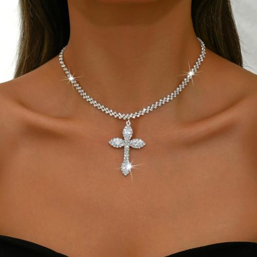 Brass Necklace, with 5.9inch extender chain, Cross, plated, for woman & with rhinestone, silver color Approx 11.4 Inch 