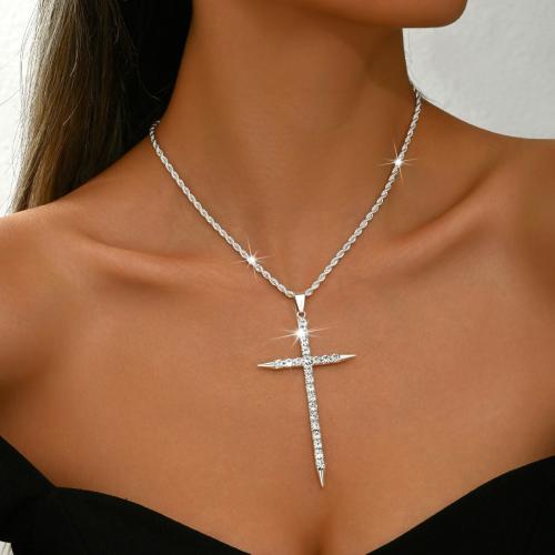 Brass Necklace, Cross, plated, for woman & with rhinestone, silver color 