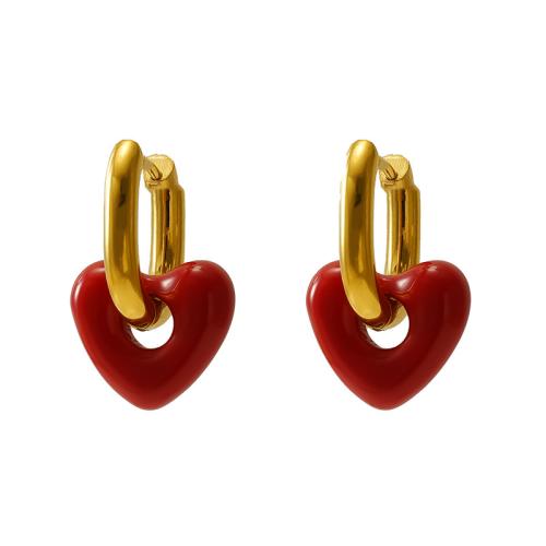 Acero inoxidable gota pendiente, acero inoxidable 304, Corazón, 18K chapado en oro, Joyería & para mujer & esmalte, 22mm, Vendido por Par