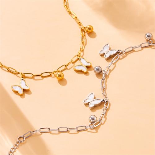 Stainless Steel Charm Bracelet, 304 Stainless Steel, with White Shell, with 6.5cm extender chain, Butterfly, fashion jewelry & for woman Approx 16 cm 