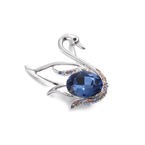 Crystal Brooch, Zinc Alloy, with Crystal, Swan, plated, for woman & with rhinestone, blue 