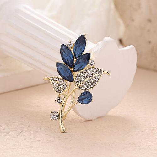 Crystal Brooch, Zinc Alloy, with Crystal, Leaf, plated, for woman & with rhinestone, gold 