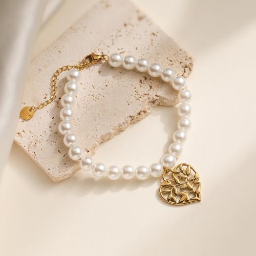 Stainless Steel Charm Bracelet, 304 Stainless Steel, with Plastic Pearl, Heart, gold color plated, for woman, white 