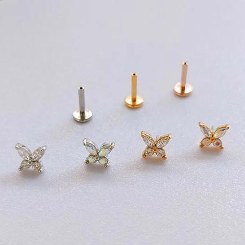 Titanium Alloy Lip Piercing Stud, with Brass, Butterfly, plated, Unisex & micro pave cubic zirconia 