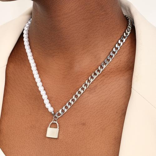 Collier en alliage de zinc, avec perle de plastique, Placage, pour femme, argent, Vendu par PC